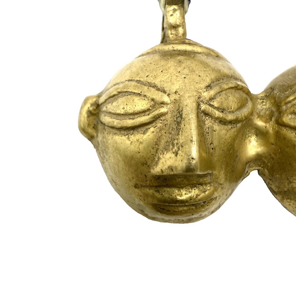 Vintage BRASS FACE MASK Pendant Necklace Warrior Tribal Glass Beads Fight Blue - Picture 3 of 10